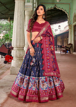 Thumbnail for Malishka Womens Navy Blue Dola Silk With Foil Print Lehenga Choli Set