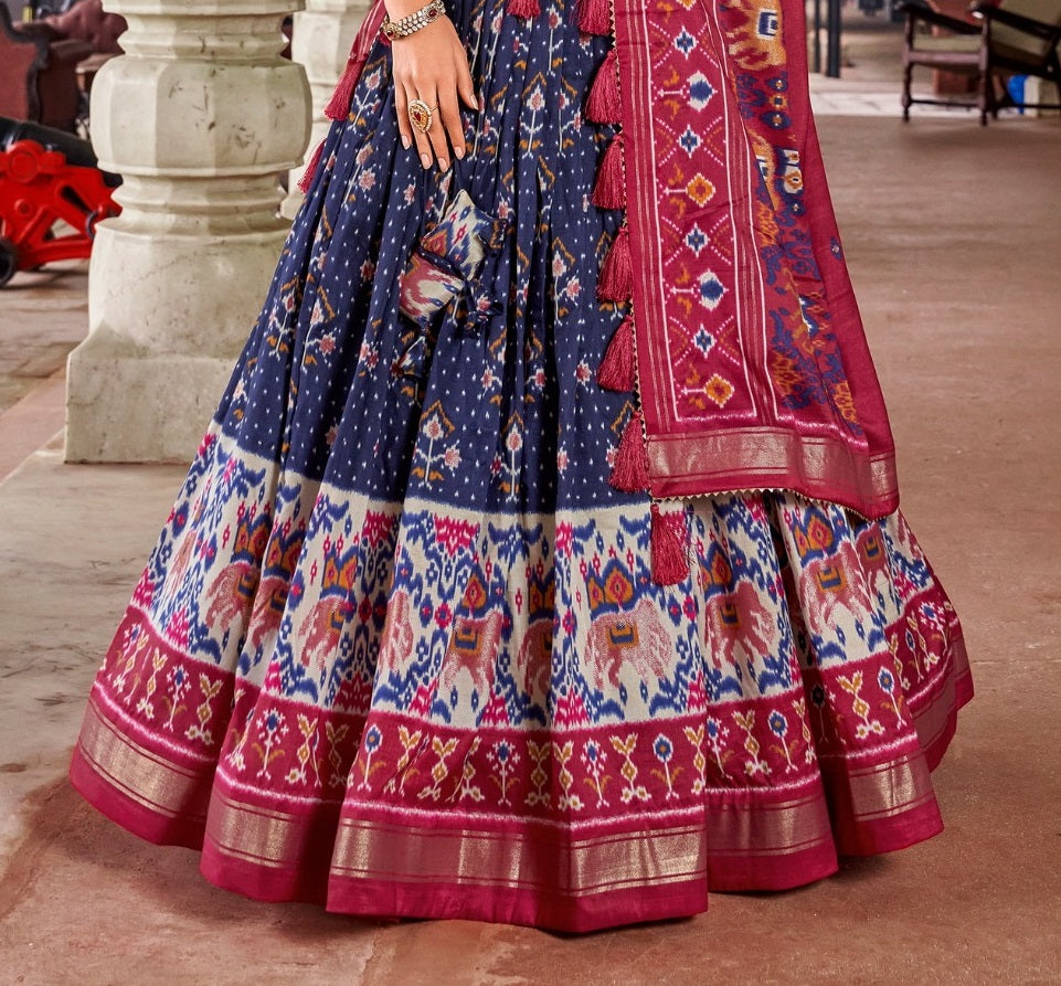 Malishka Womens Navy Blue Dola Silk With Foil Print Lehenga Choli Set
