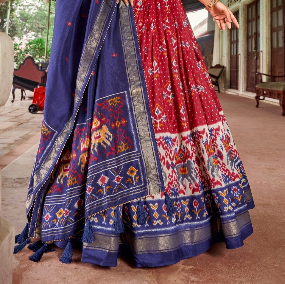 Malishka Womens Red Dola Silk With Foil Print Lehenga Choli Set