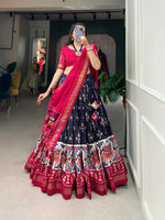 Thumbnail for Malishka Womens Navy Blue Dola Silk With Foil Print Lehenga Choli Set
