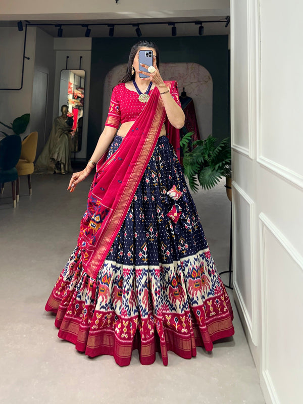 Malishka Womens Navy Blue Dola Silk With Foil Print Lehenga Choli Set