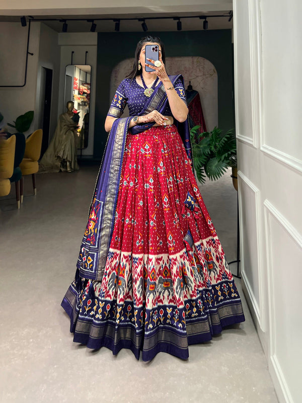 Malishka Womens Red Dola Silk With Foil Print Lehenga Choli Set