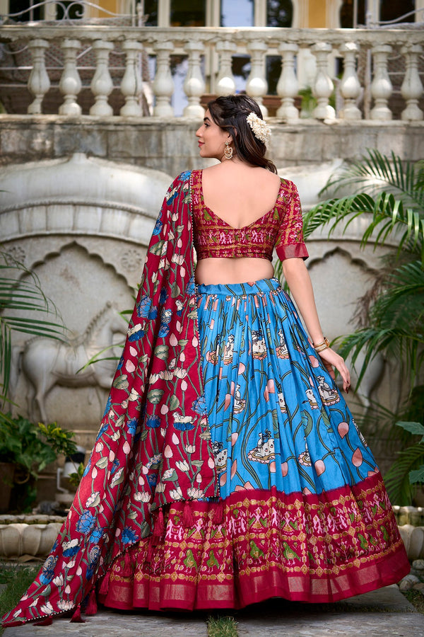 Malishka Womens Firozi Dola Silk With Foil Print Lehenga Choli Set