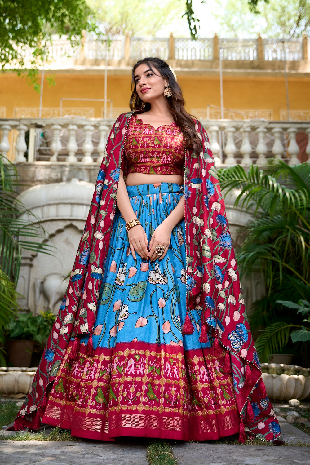 Malishka Womens Firozi Dola Silk With Foil Print Lehenga Choli Set