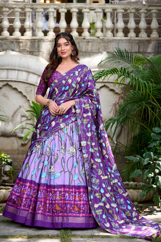 Malishka Womens Lavender Dola Silk With Foil Print Lehenga Choli Set