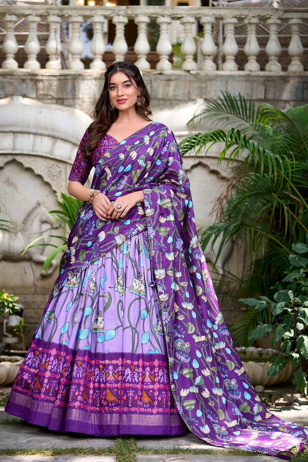 Malishka Womens Lavender Dola Silk With Foil Print Lehenga Choli Set