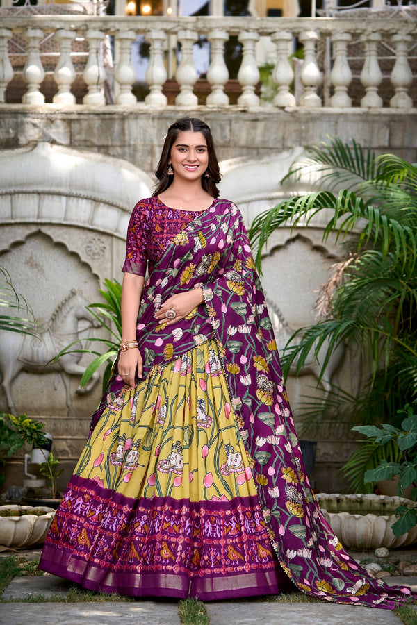 Malishka Womens Yellow Dola Silk With Foil Print Lehenga Choli Set