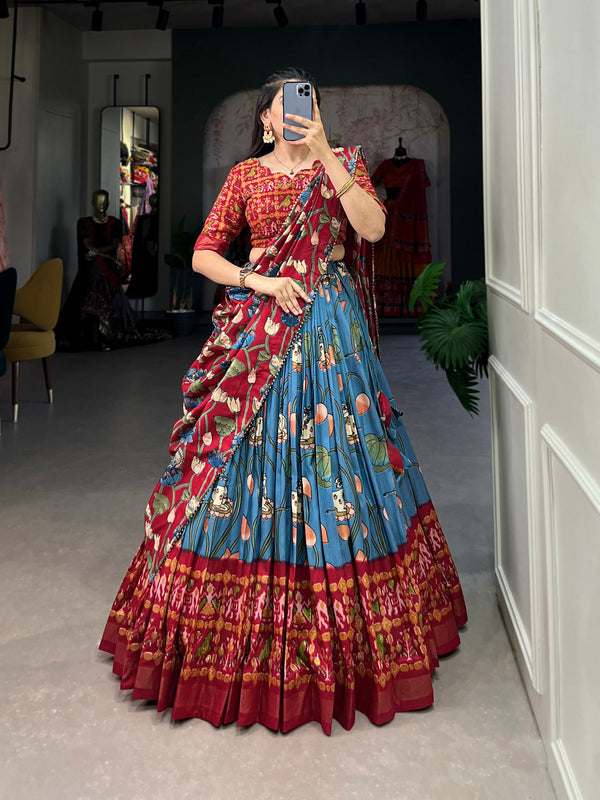 Malishka Womens Firozi Dola Silk With Bandhani Print Lehenga Choli Set