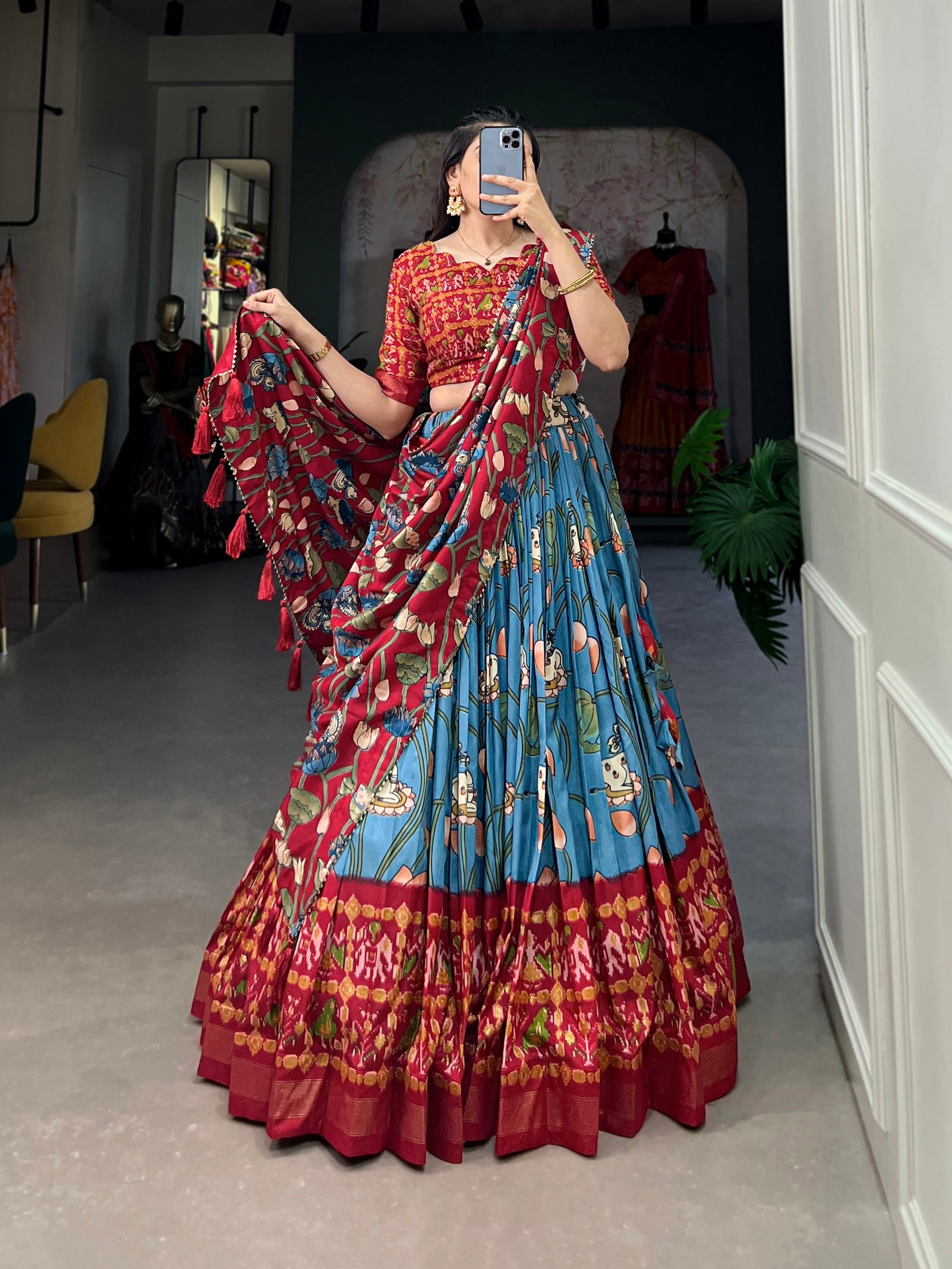 Malishka Womens Firozi Dola Silk With Bandhani Print Lehenga Choli Set