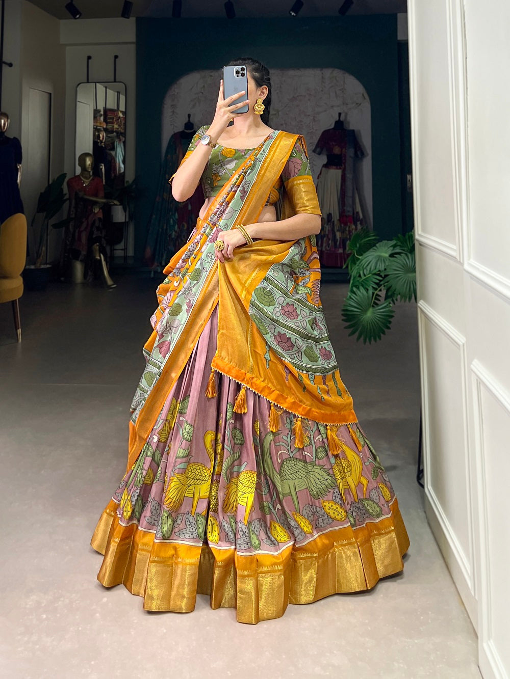 Malishka Womens Orange Dola Silk With Foil Print Lehenga Choli Set