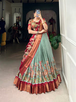 Thumbnail for Malishka Womens Sea Green Dola Silk With Foil Print Lehenga Choli Set