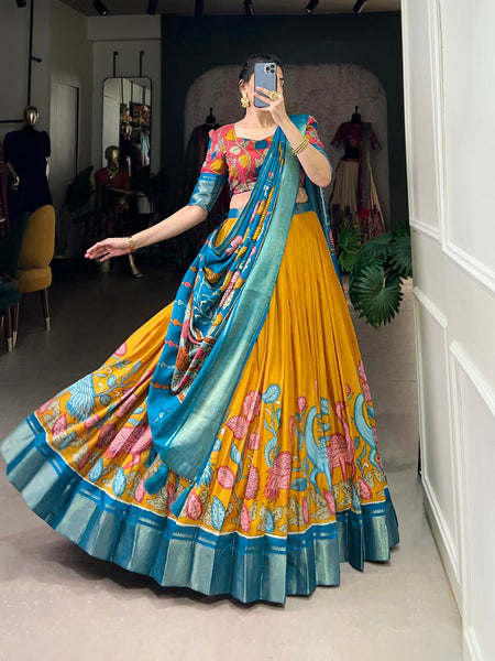 Malishka Womens Yellow Dola Silk With Foil Print Lehenga Choli Set