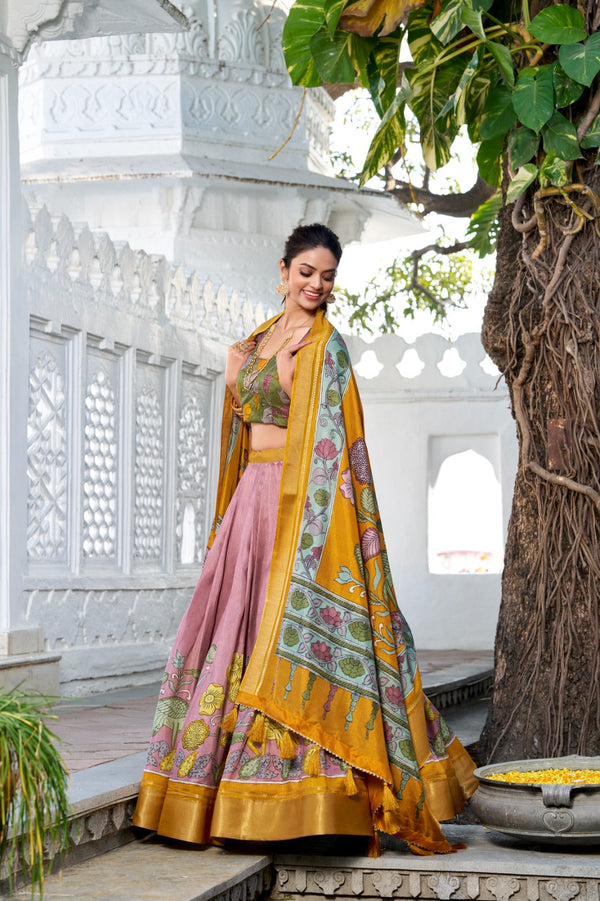 Malishka Womens Orange Dola Silk With Foil Print Lehenga Choli Set