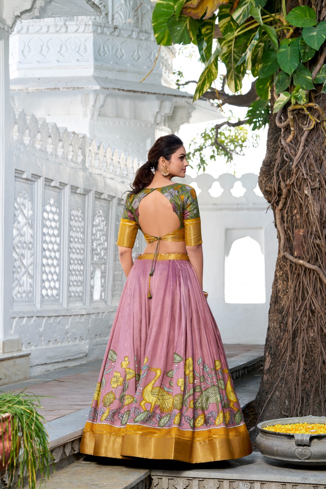 Malishka Womens Orange Dola Silk With Foil Print Lehenga Choli Set