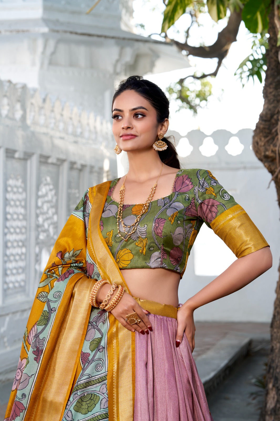 Malishka Womens Orange Dola Silk With Foil Print Lehenga Choli Set