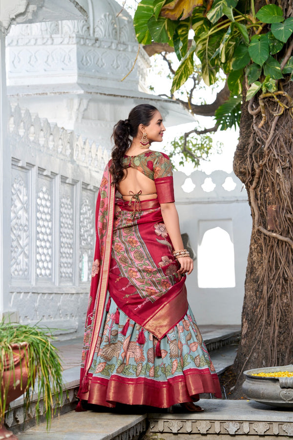 Malishka Womens Sea Green Dola Silk With Foil Print Lehenga Choli Set