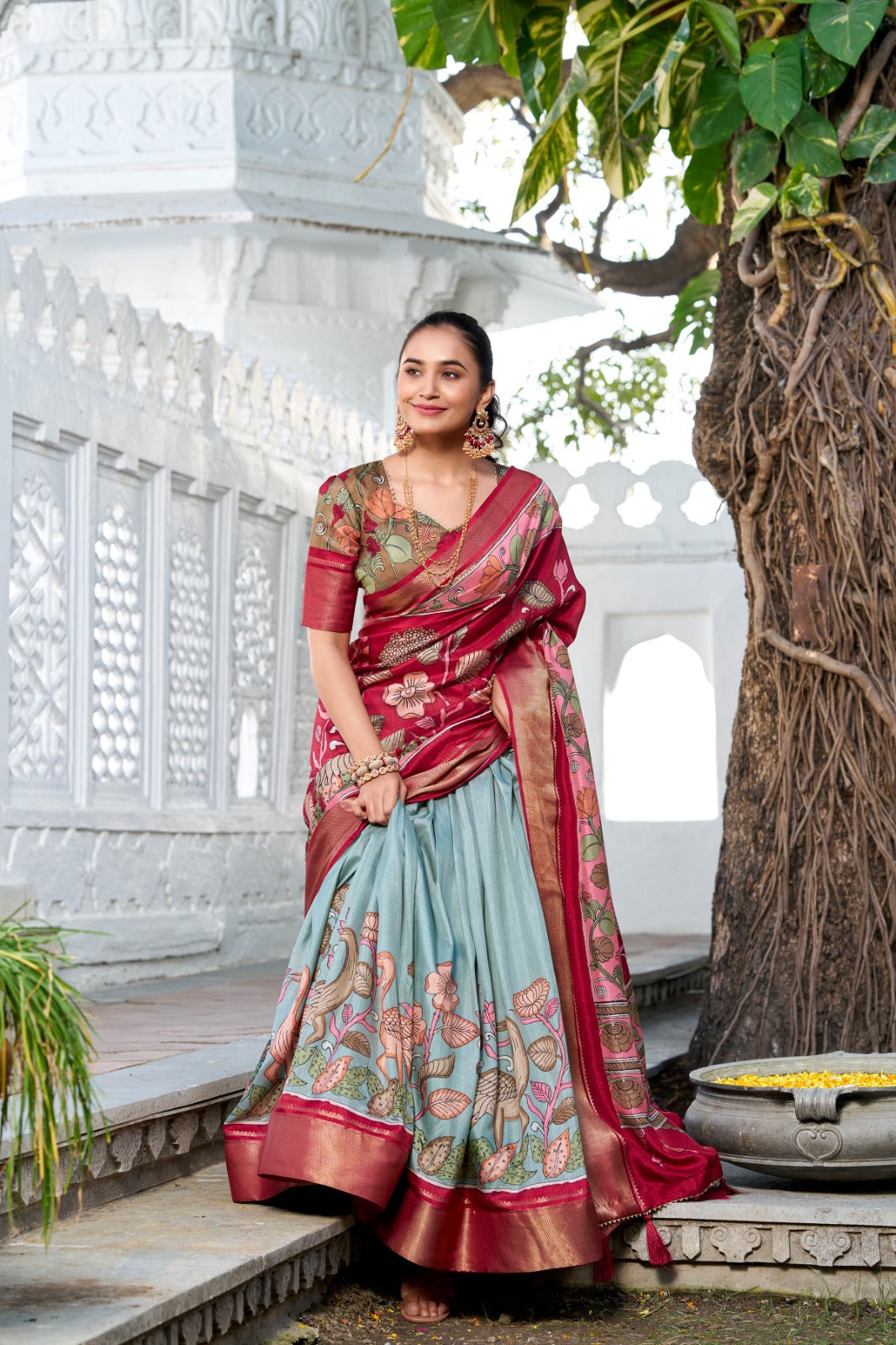 Malishka Womens Sea Green Dola Silk With Foil Print Lehenga Choli Set