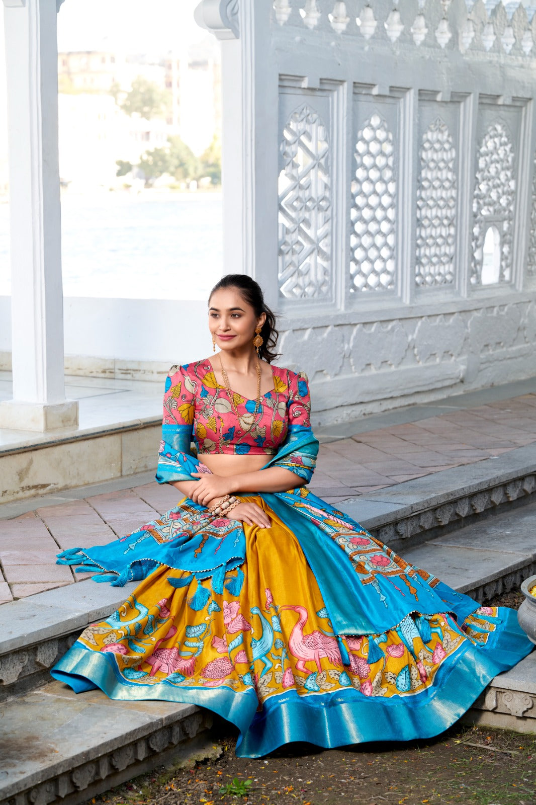 Malishka Womens Yellow Dola Silk With Foil Print Lehenga Choli Set
