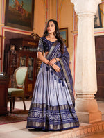Thumbnail for Malishka Womens Navy Blue Dola Silk With Foil Print Lehenga Choli Set
