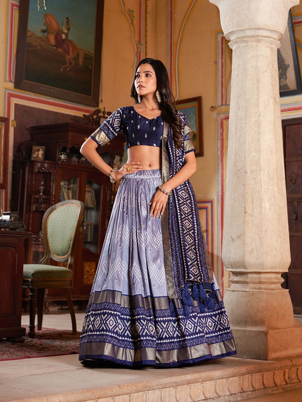 Malishka Womens Navy Blue Dola Silk With Foil Print Lehenga Choli Set