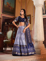 Thumbnail for Malishka Womens Navy Blue Dola Silk With Foil Print Lehenga Choli Set