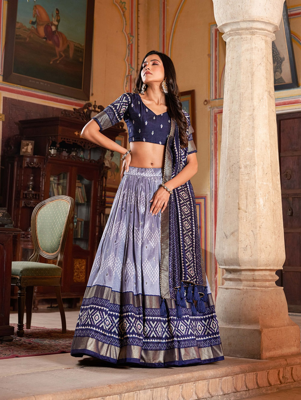 Malishka Womens Navy Blue Dola Silk With Foil Print Lehenga Choli Set