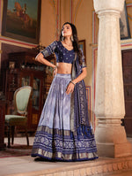 Thumbnail for Malishka Womens Navy Blue Dola Silk With Foil Print Lehenga Choli Set
