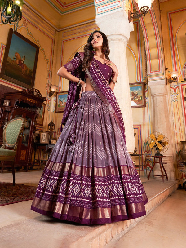 Malishka Womens Wine Dola Silk With Foil Print Lehenga Choli Set