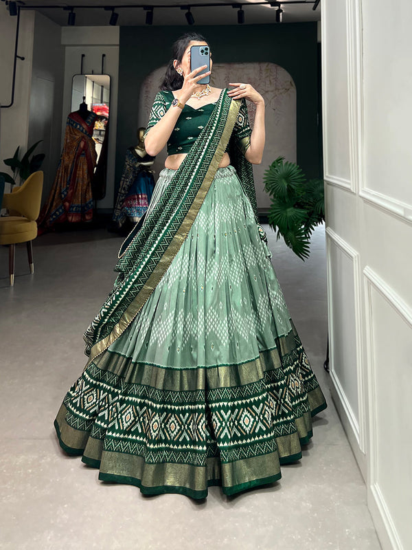 Malishka Womens Green Dola Silk With Foil Print Lehenga Choli Set