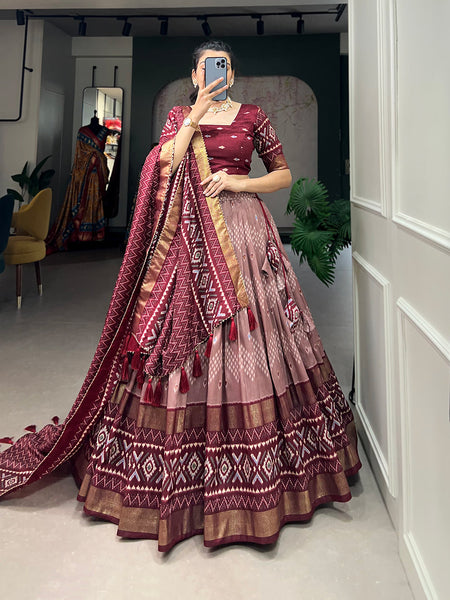 Malishka Womens Maroon Dola Silk With Foil Print Lehenga Choli Set