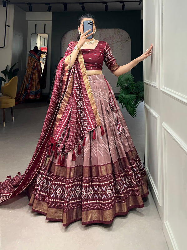Malishka Womens Maroon Dola Silk With Foil Print Lehenga Choli Set