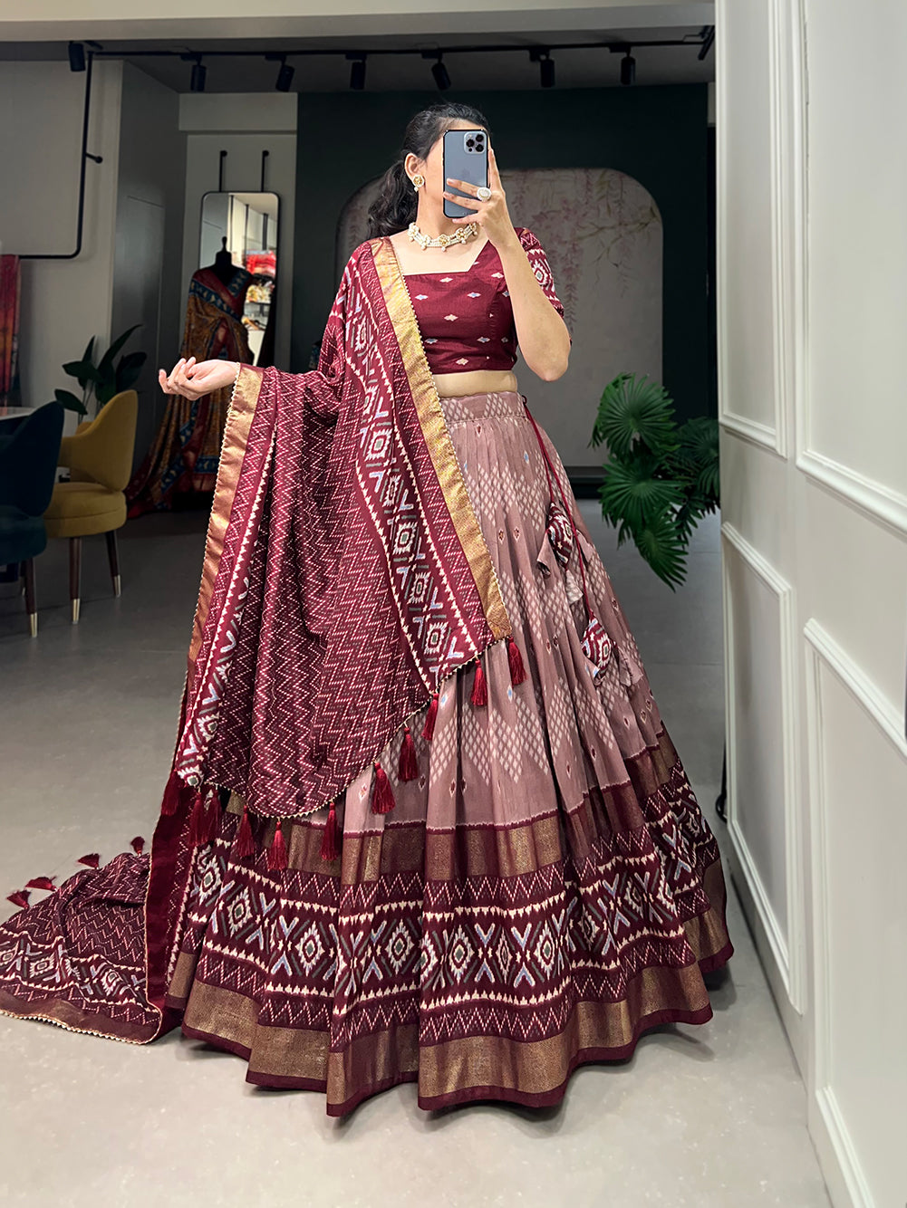 Malishka Womens Maroon Dola Silk With Foil Print Lehenga Choli Set