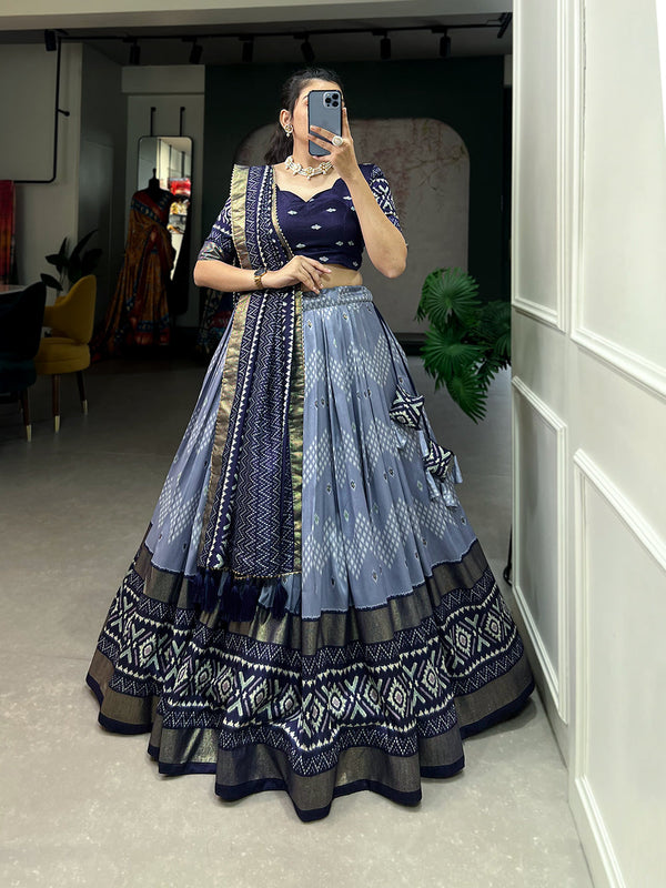 Malishka Womens Navy Blue Dola Silk With Foil Print Lehenga Choli Set