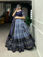 Thumbnail for Malishka Womens Navy Blue Dola Silk With Foil Print Lehenga Choli Set
