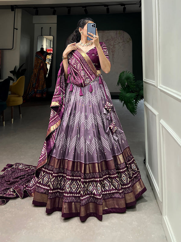 Malishka Womens Wine Dola Silk With Foil Print Lehenga Choli Set