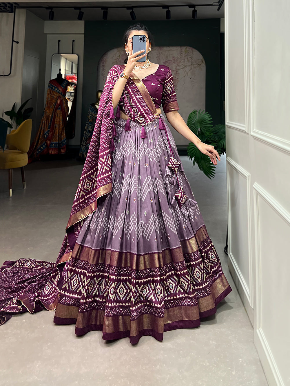Malishka Womens Wine Dola Silk With Foil Print Lehenga Choli Set