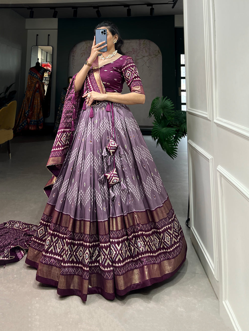 Malishka Womens Wine Dola Silk With Foil Print Lehenga Choli Set