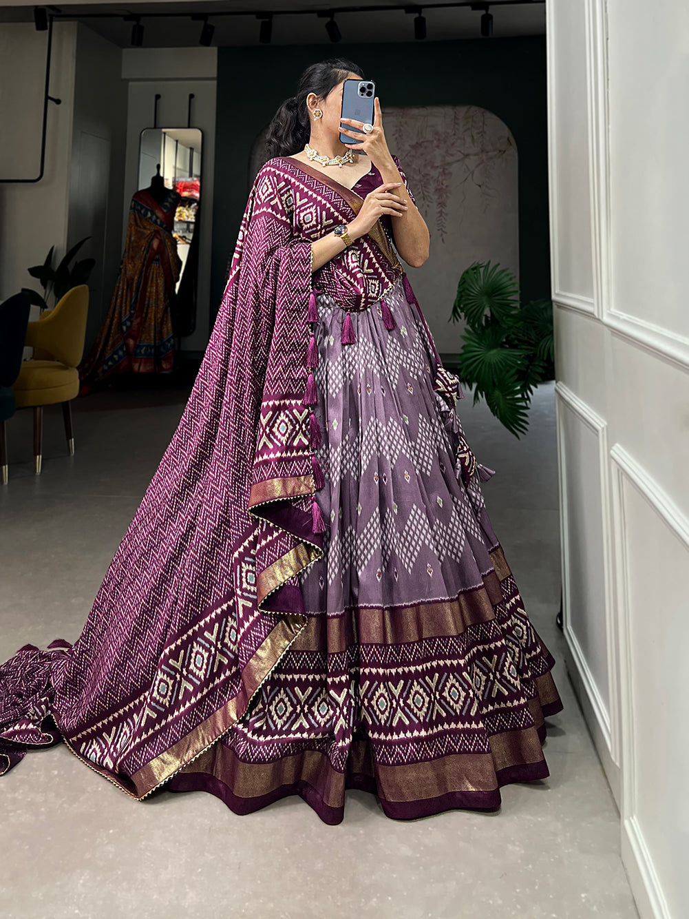 Malishka Womens Wine Dola Silk With Foil Print Lehenga Choli Set