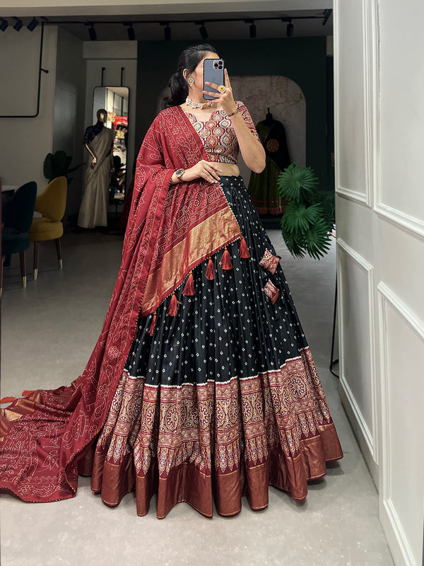 Malishka Womens Black Dola Silk With Foil Print Lehenga Choli Set