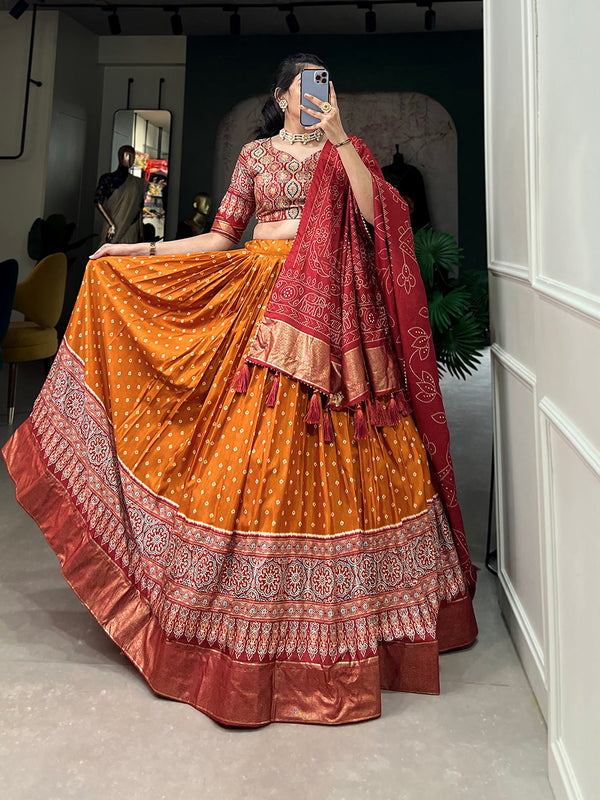 Malishka Womens Orange Dola Silk With Foil Print Lehenga Choli Set
