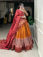 Thumbnail for Malishka Womens Orange Dola Silk With Foil Print Lehenga Choli Set