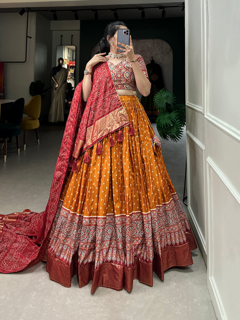 Malishka Womens Orange Dola Silk With Foil Print Lehenga Choli Set