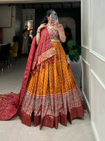 Thumbnail for Malishka Womens Orange Dola Silk With Foil Print Lehenga Choli Set