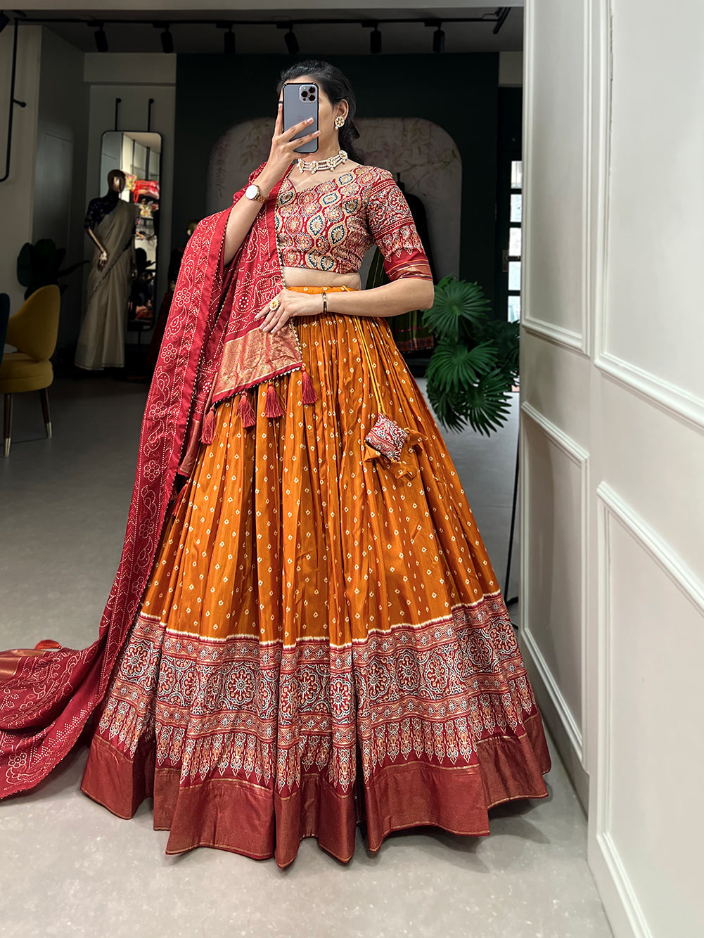 Malishka Womens Orange Dola Silk With Foil Print Lehenga Choli Set