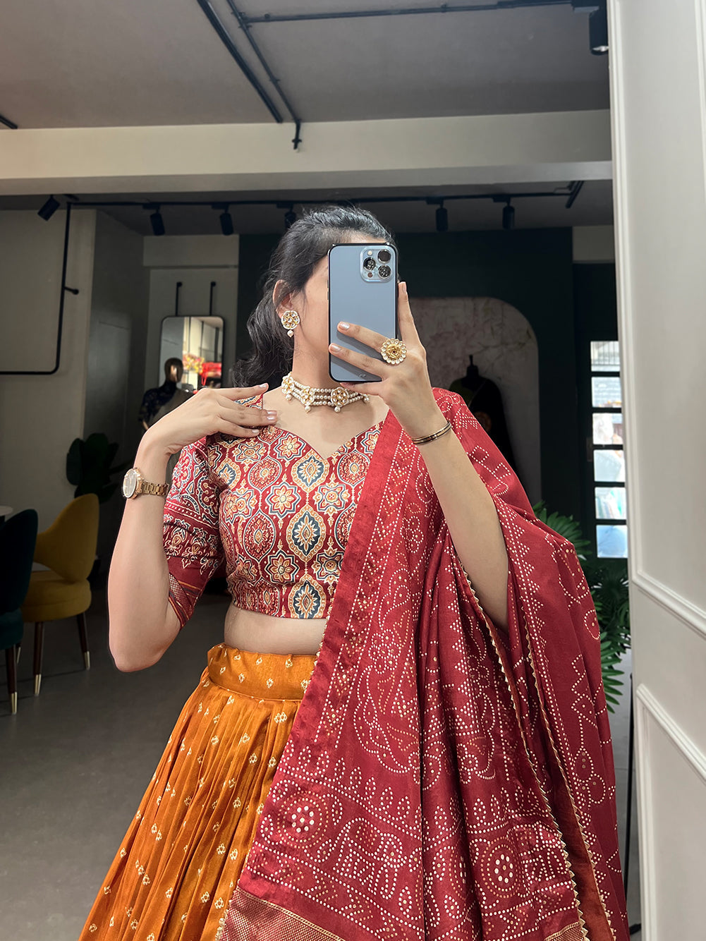 Malishka Womens Orange Dola Silk With Foil Print Lehenga Choli Set