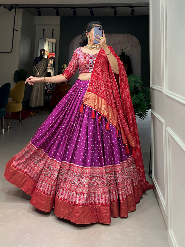 Malishka Womens Purple Dola Silk With Foil Print Lehenga Choli Set