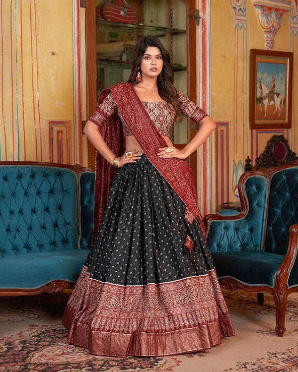 Malishka Womens Black Dola Silk With Foil Print Lehenga Choli Set