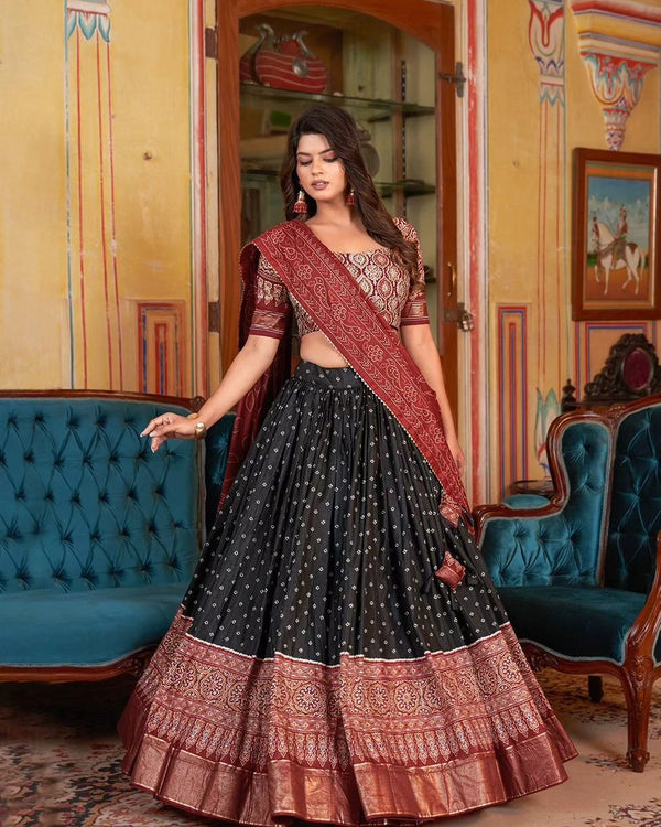 Malishka Womens Black Dola Silk With Foil Print Lehenga Choli Set