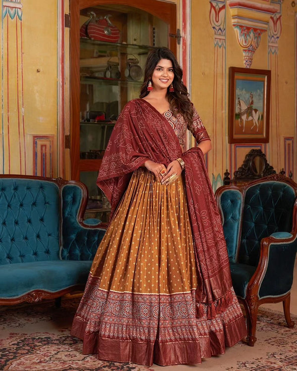 Malishka Womens Orange Dola Silk With Foil Print Lehenga Choli Set