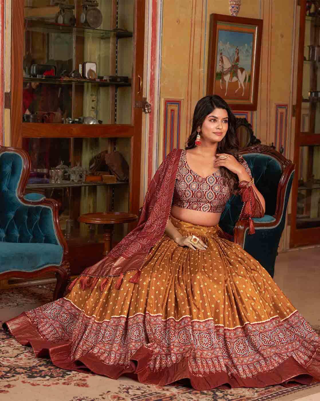 Malishka Womens Orange Dola Silk With Foil Print Lehenga Choli Set